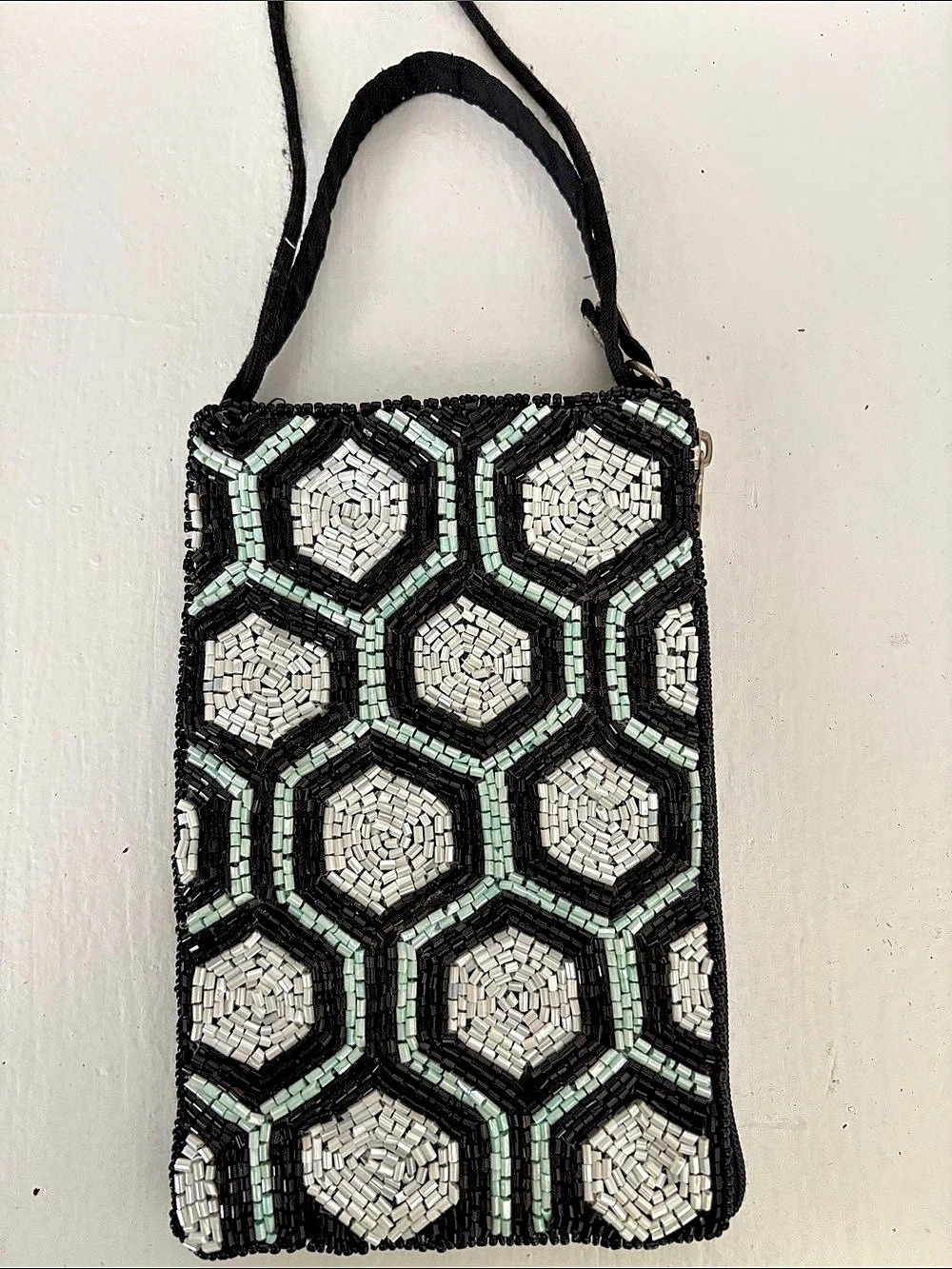 Bamboo Trading Company Beaded Geometric Crossbody Bag in Black & White